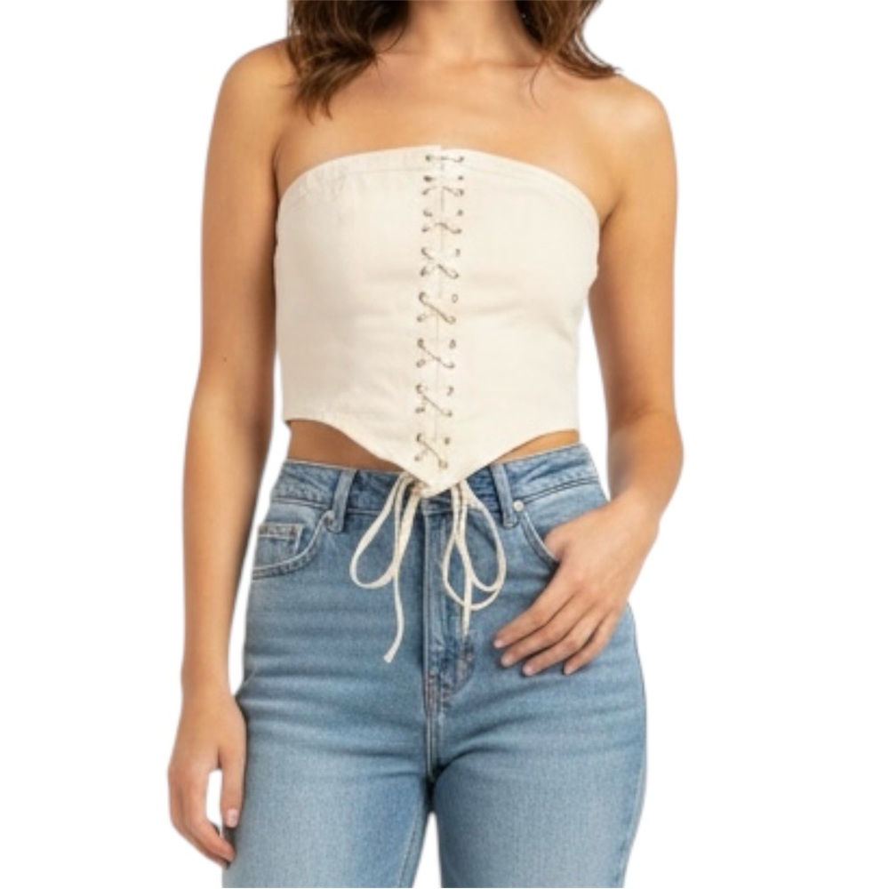 White Fox Boutique Cream Lace Up Denim Corset Tube Top - Size M